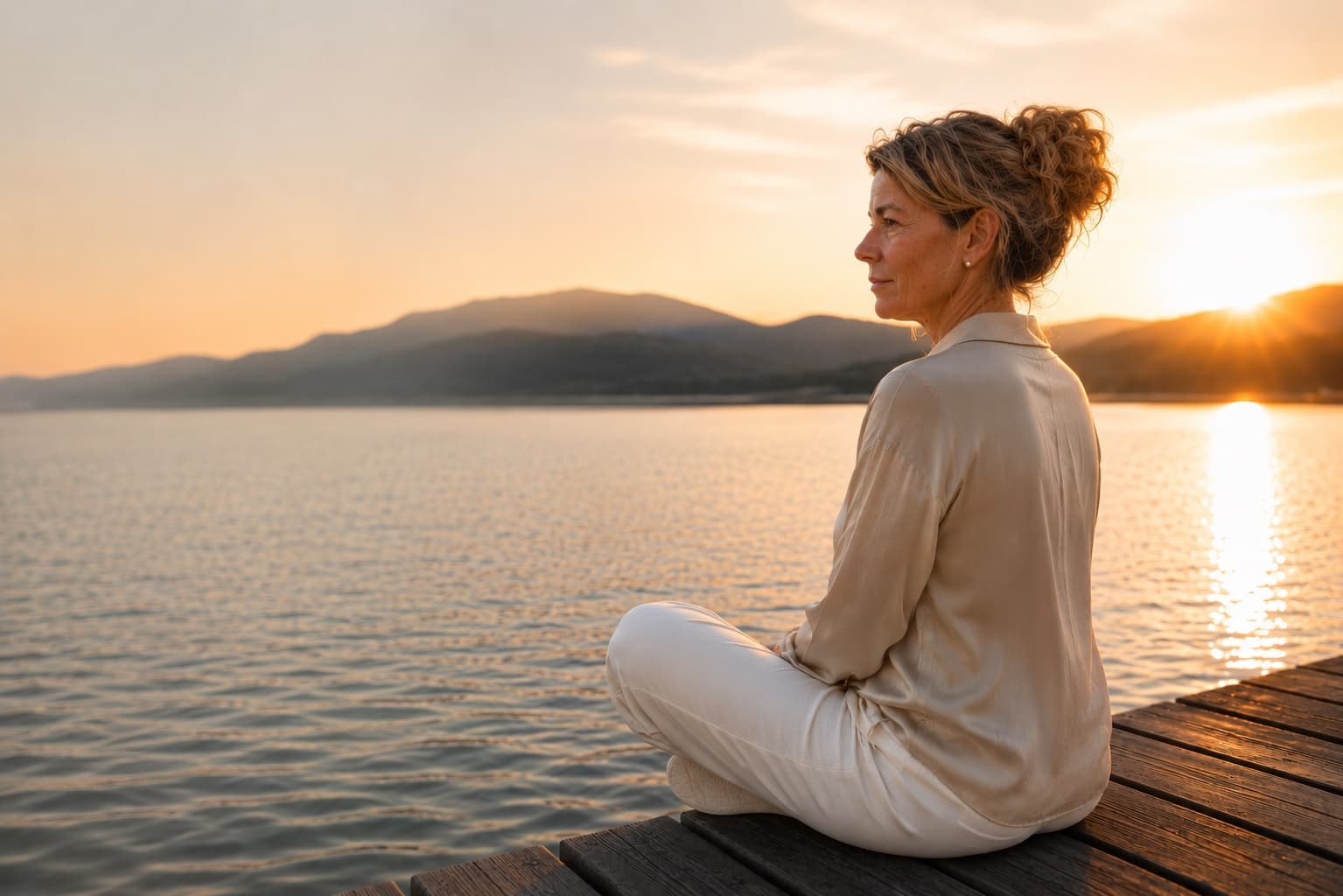 Tanja Langenfeld sitzt bei Sonnenuntergang am Wasser